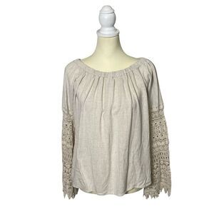 Chrysanthemum Beige Crochet Bell Sleeve Peasant Linen Top Women's Size XS